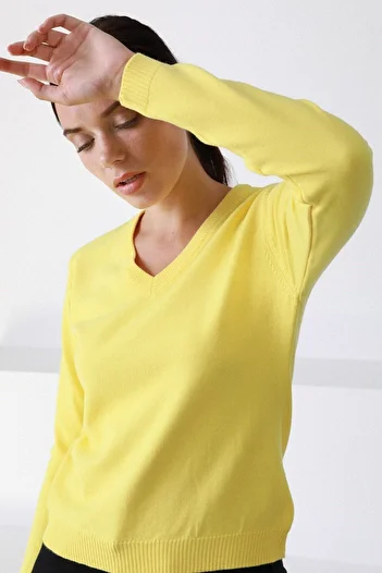 Ferraro Women's Light Yellow V-Neck Knitwear Sweater