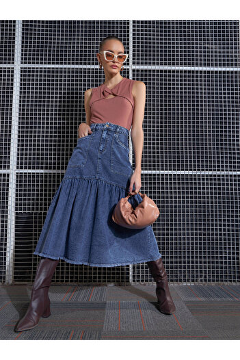 Sassafras By Styli Denim Flared Midi Skirt