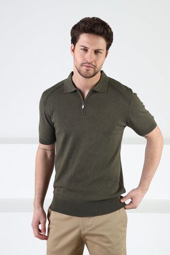 Ferraro Khaki Zippered Polo Collar 100% Cotton Men's Knitwear T-shirt
