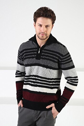 Ferraro Black Zippered Stand Collar 100% Lamb Wool Men's Sweater
