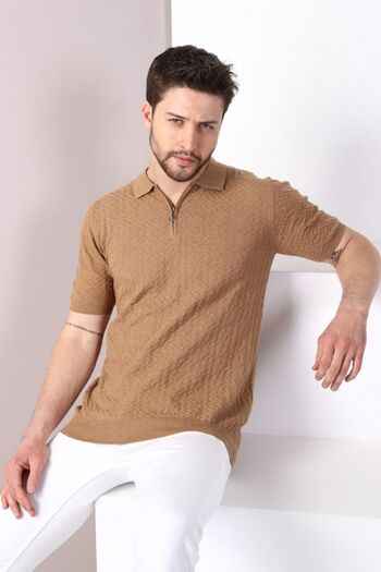 Ferraro Camel Polo Collar Zippered 100% Cotton Men's Knitwear T-shirt