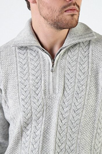 Ferraro A.gray Zippered Stand Collar 100% Lamb Wool Men's Sweater