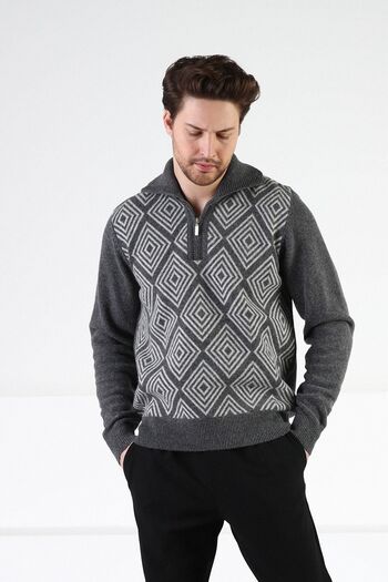 Ferraro Smoked Square Patterned Stand Collar 100% Lamb Wool Men's Sweater