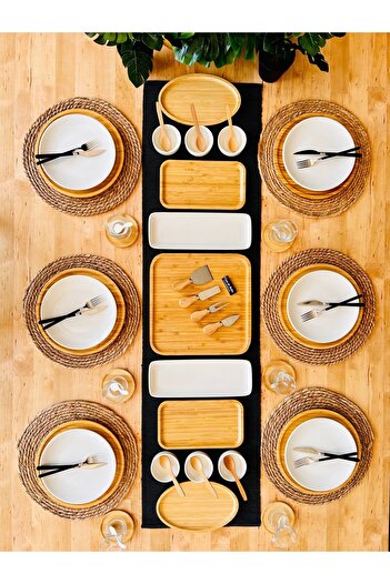 CASA DE BELLA 53 Piece Bamboo White Porcelain Breakfast Set for 6 People