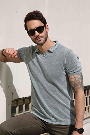 Ferraro Green/ecru Eyelet Patterned Polo Collar 100% Cotton Men's Knitwear T-shirt