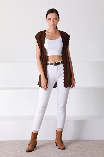 Ferraro Women's Brown Lace Detailed Long Knitwear Cardigan