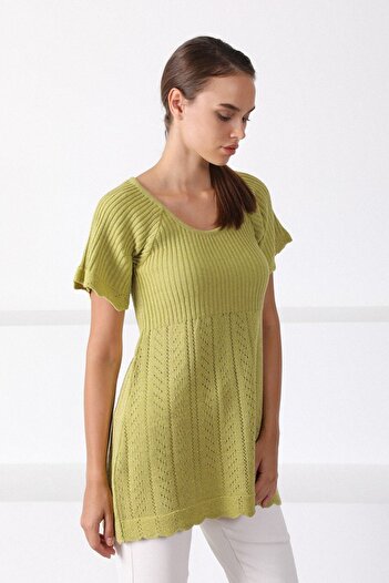 Ferraro Women's Pistachio Green Round Neck Waist Drawstring Knitwear Sweater