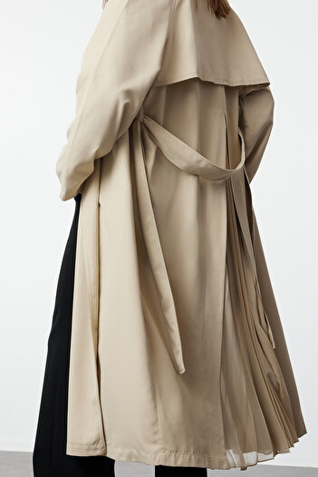 Trendyol Collection Beige Oversize Wide Cut Chiffon Detailed Pleated Trench Coat TWOSS24TR00019