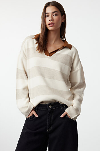 Trendyol Collection Wide Fit Striped Knitwear Sweater - Stone Twoaw23Kz00008