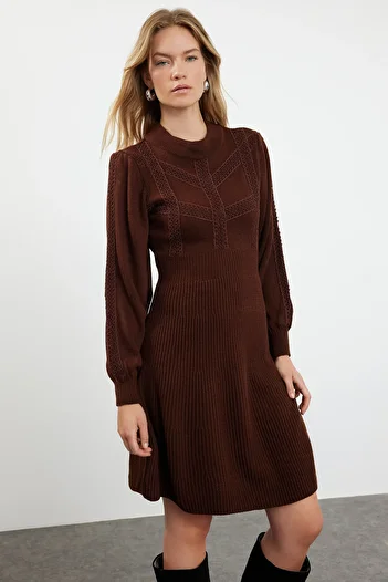 Trendyol Collection Καφέ Μίνι Πλεκτό Δαντέλα Φόρεμα TWOAW22EL0011