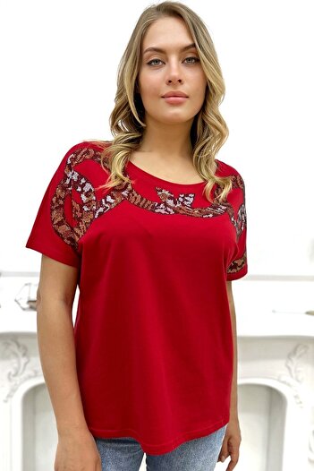 RICH GLAM Loose Fit Leopard Crystal Stone Large Size Red Stylish Comfortable Women's T-shirt