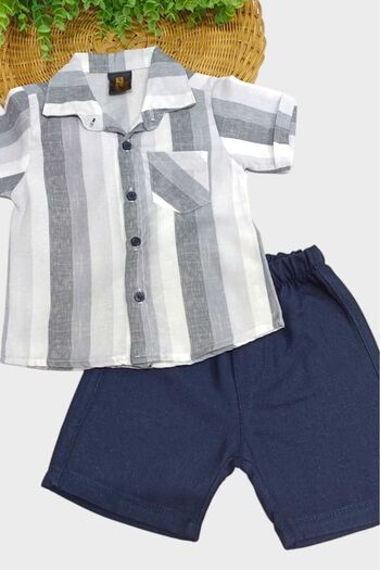 dinamik çocuk Boy's Colorful Summer Short Sleeve Shirt with Satin Shorts 2-Piece Set Holiday Set/Full Fit