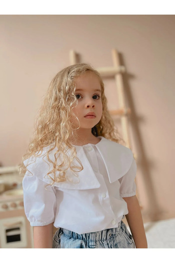 Magu Short Sleeve Cotton Poplin Girl's Shirt - Collar Detail