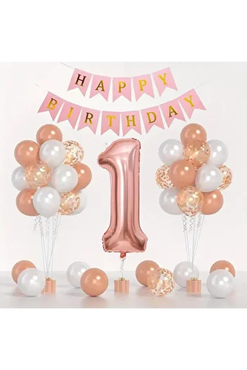 Konsept Sepeti 1 Year Old Rose Gold Balloon Set with White Confetti, Happy Birthday Banner (WITH BALLON BAND GIFT)