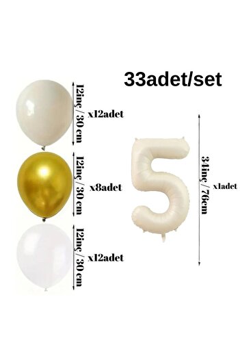 Konsept Sepeti 5 Years Old Retro Cream Balloon Set - Chrome Gold, Sea Sand White, Happy Birthday Banner