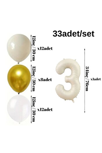 Konsept Sepeti 3 Years Old Retro Cream Balloon Set - Chrome Gold, Sea Sand White, Happy Birthday Banner