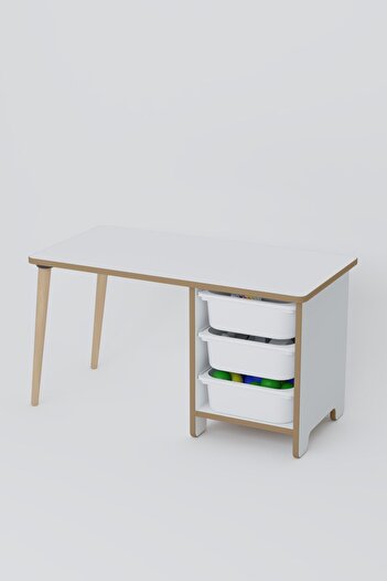 OBİ Atölye Çocuk Oyun Aktivite Masası 90x45 Cm 3 Sepetli Çocuk Çalışma Masası Arkalıklı Sandalye - Panda