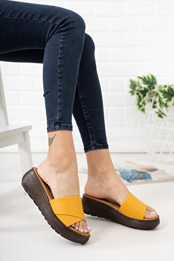 Taran Women's Yellow Linda Wedge Heel Casual Thick Soled Slippers