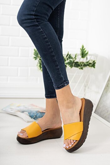 Taran Women's Yellow Linda Wedge Heel Casual Thick Soled Slippers