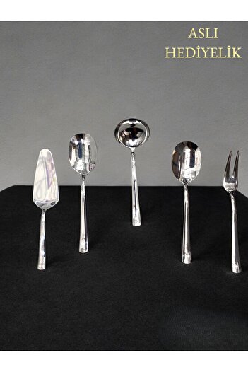 Aslı Hediyelik 5 Piece Stainless Steel Silver Serving Set - Colander, Ladle, Shovel, Fork, Spoon - Dowry Holder