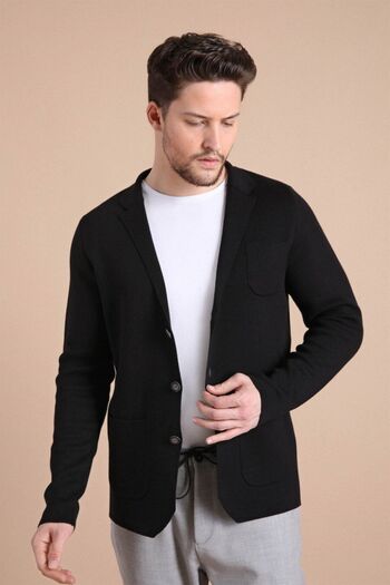 Ferraro Men's Black Three-Button Slim Cotton Knitwear Jacket