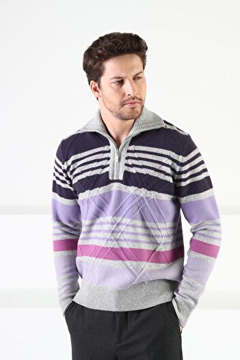 Ferraro A.gray Zippered Stand Collar 100% Lamb Wool Men's Sweater