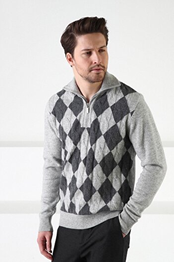 Ferraro A.gray Diamond Patterned Stand Collar 100% Lamb Wool Men's Sweater