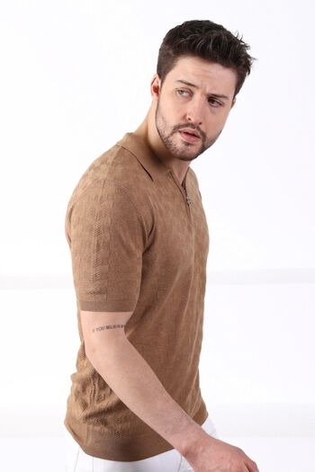Ferraro Camel Polo Collar Zippered 100% Cotton Men's Knitwear T-shirt