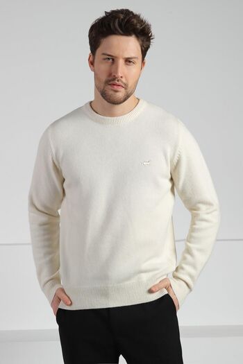 Ferraro Ecru Crew Neck Men's Long Sleeve 100% Lamb Wool Knitwear Sweater