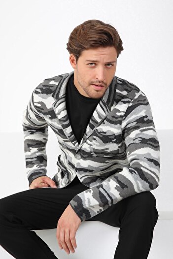 Ferraro Anthracite Camouflage Patterned Wool Knitwear Jacket