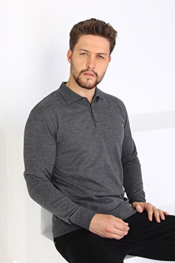 Ferraro Men's Anthracite Polo Collar Superfine Knitwear Sweater