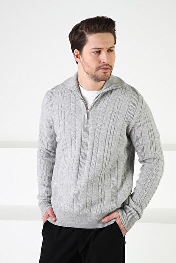 Ferraro A.gray Knitted Patterned Stand Collar 100% Lamb Wool Men's Sweater