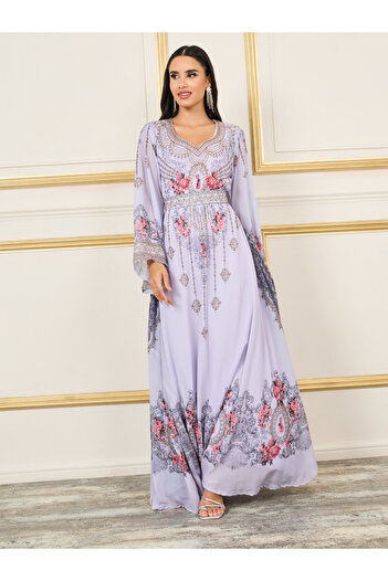 Maxim Creation By Styli Handwork Rhinestone Detail Digital Print Belted Jalabiya