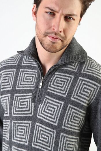Ferraro Smoked Square Patterned Stand Collar 100% Lamb Wool Men's Sweater