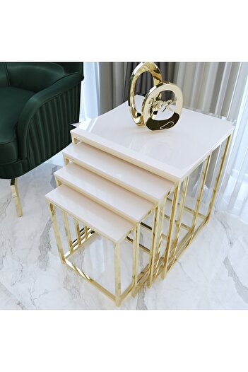 Puklife Duru 4'lü Kare Zigon Sehpa Seti Gold Ayak, Krem Mdf
