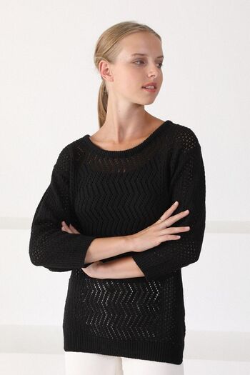 Ferraro Women's Black O-Neck Openwork Wool Knitwear Sweater