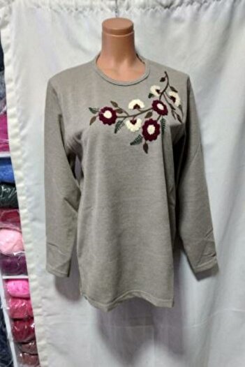 Lila MOTHER'S SWEATER 1 PIECE OPEN COFFEE FOAM COLLAR FLOWER EMBROIDERED QUALITY USED STYLISH