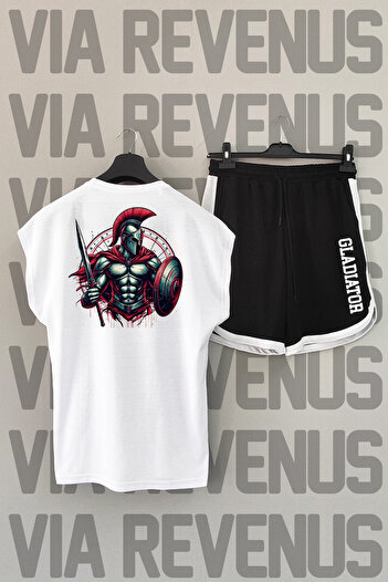 Vordevia Gladiator White Sports T-Shirt and Black Sports Shorts Set - Back Print, Zero Sleeve