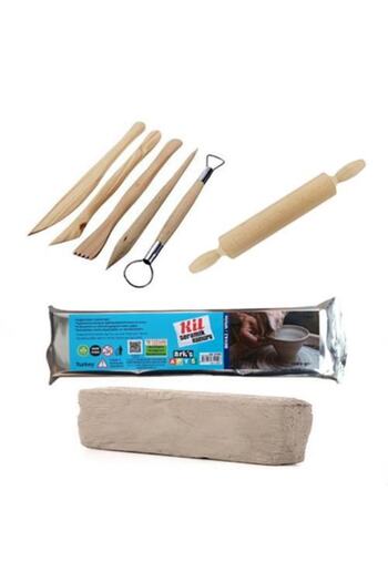 Hobialem Clay Dough Set-3, Ceramic Dough Starter Set, Wooden Base, Roller, 1 Kg White Clay