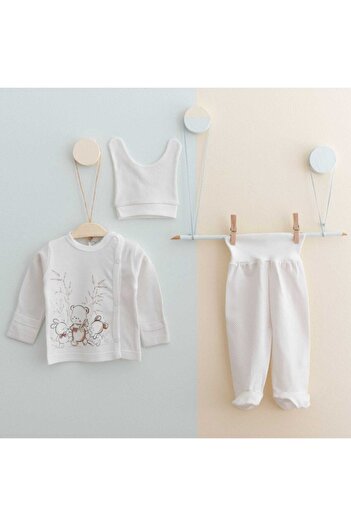 Gümüş Bebe 100% Cotton Teddy Bear Printed Hat and Pants Set for Baby Girl - Hospital Exit