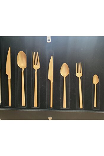 Yiğit Turquoise Matte 24 K 89 Pieces Gold Plated Spoon Cutlery Set 18/10 Stainless Steel