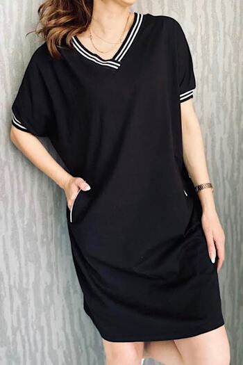 FEMELLE Women's Black V-Neck Pocket Standard Size Casual Daily Basic Combed Cotton Dress