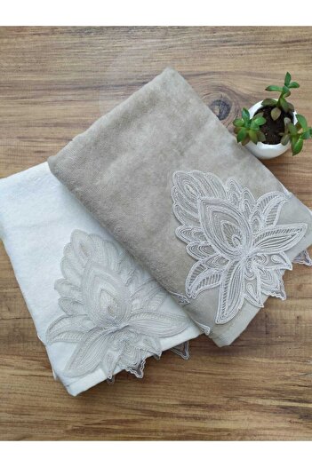 Çeyiz Bahçesi Ece French Embroidered 2-Piece Velvet Towel Set 50&90
