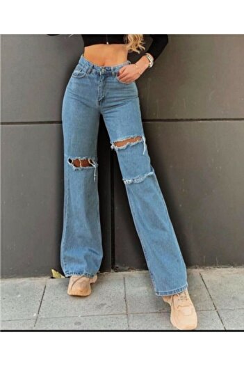 Ramrod Koyu Mavi Yırtık Süper Yüksek Bel Salaş Jeans Palazzo Pantolon (POWER LİKRALI)