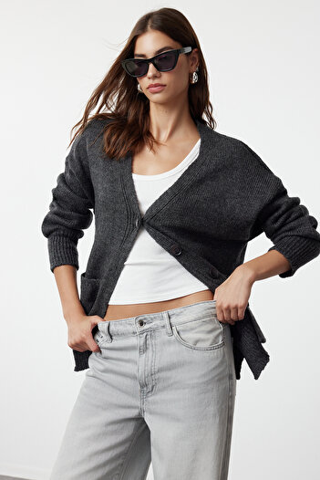 Trendyol Collection Anthracite Basic Soft Textured Knitwear Cardigan TWOAW20HI0213