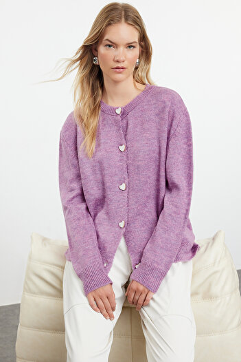 Trendyol Collection Liliac, textura moale, bijuterie, cu nasturi, tricotaje, cardigan TWOAW22HI0044