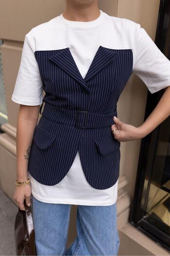 Askı Nişantaşı Navy Blue-White Belt Detailed Gabardine Striped Design Blouse