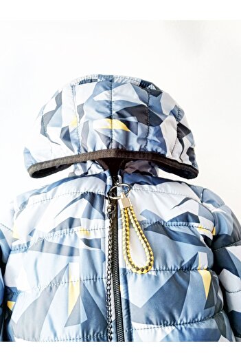 GallanD Puffer Jacket Children's Navy Blue Patterned Hood Fiber Seasonal Medium Thick Zipper Movable Accessory Chain