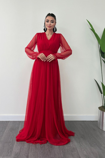 giyimmasalı Tulle Fabric Gather Detailed Maxi Dress - RED