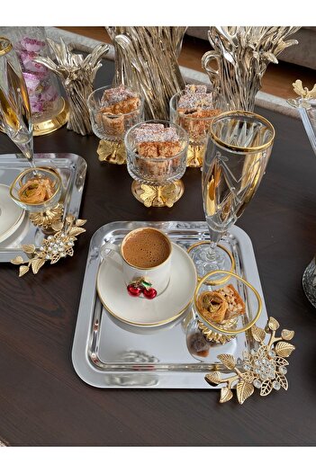 atabey home collection 6'lı Kahve & Çay & Sunum Tepsisi Çelik Gümüş Tepsi LÜX TAŞLI Model